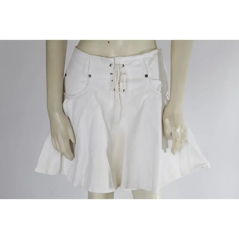 Vintage Contempo Casuals 90s White Lace-Up Front Drop-Waist Flare Mini Skirt S